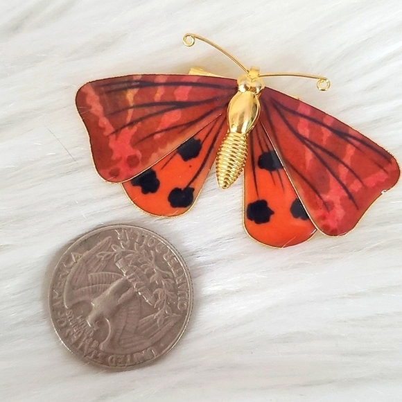 Vintage Dainty Orange Red Gold Tone Butterfly Unsigned Brooch Pin Jewelry - Picture 4 of 12